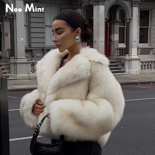 Brand Runway Yellow Gradient Cropped Fluffy Fur Jacket Coat Winter Thicken Faux Fox Fur Outerwear