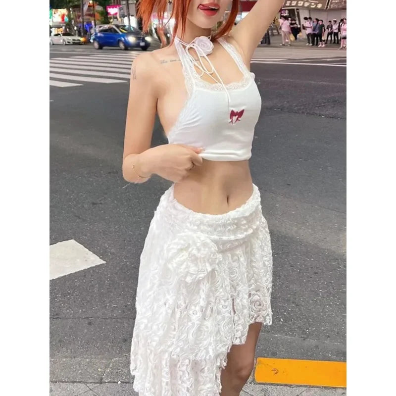 Color Hollow Lace Aline Skirt Summer New Korean Slim Pleated Asymmetric Cake Skirt