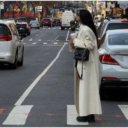White Double Breasted Loose Woolen Coat Oversized Long Sleeve Overcoat Fall Winter New Outerwear