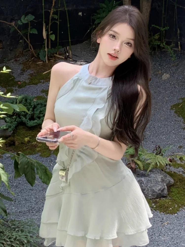 French Mini Dress Ruffles Slim Waist One Piece Clothes Chiffon Summer Outfits New Female Vestidos