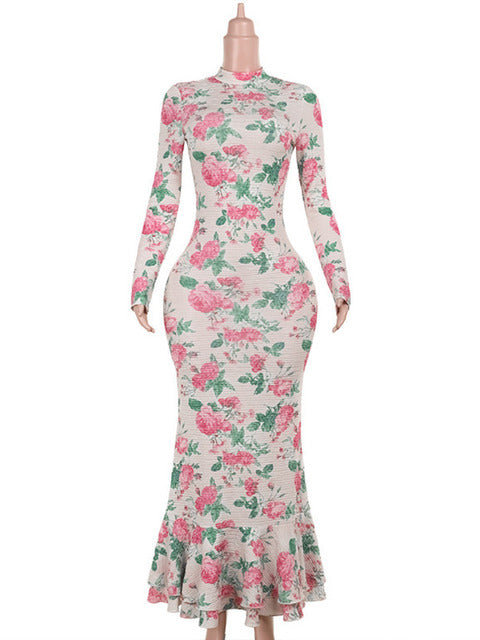 Bodycon Long Sleeve Half High Collar Print Zipper Maxi Dress Slim High Waist Dress Outfits