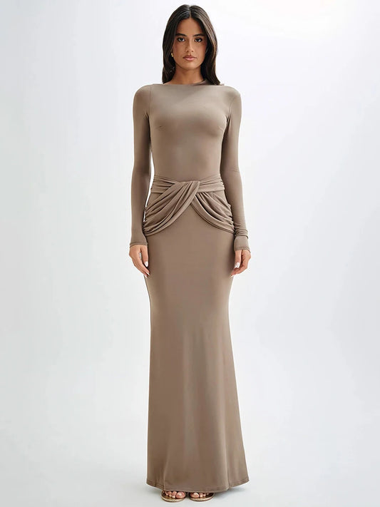 Diagonal Collar Long Sleeve Maxi Dress for Autumn Winter New High Waist Ruched Bodycon Long Dress