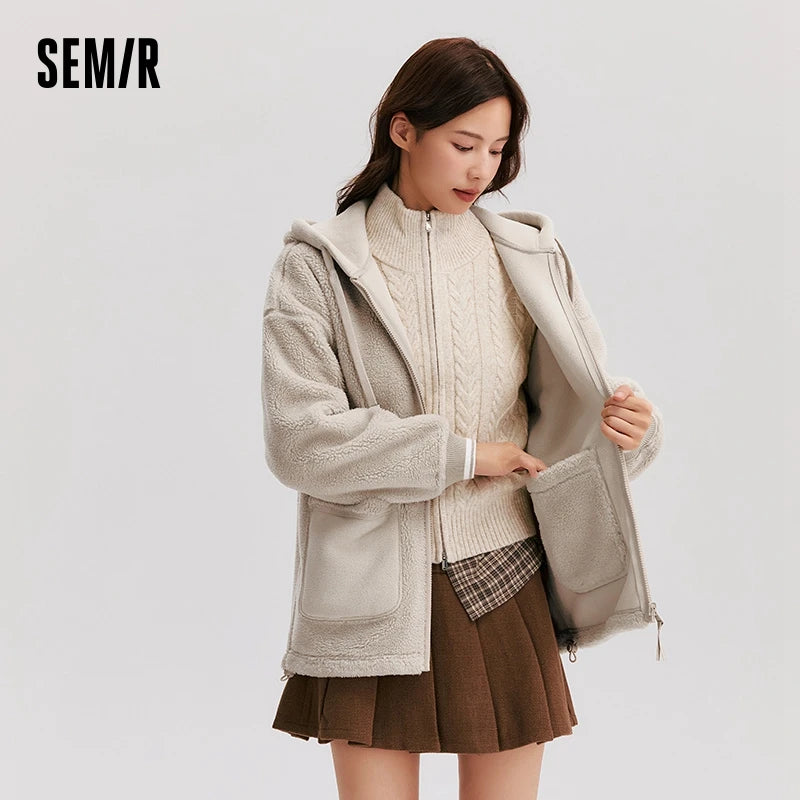 Coat Imitation Lamb Wool Polar Fleece Double-sided Wear Loose New Winter Contrast Color Simple Hooded Jacket