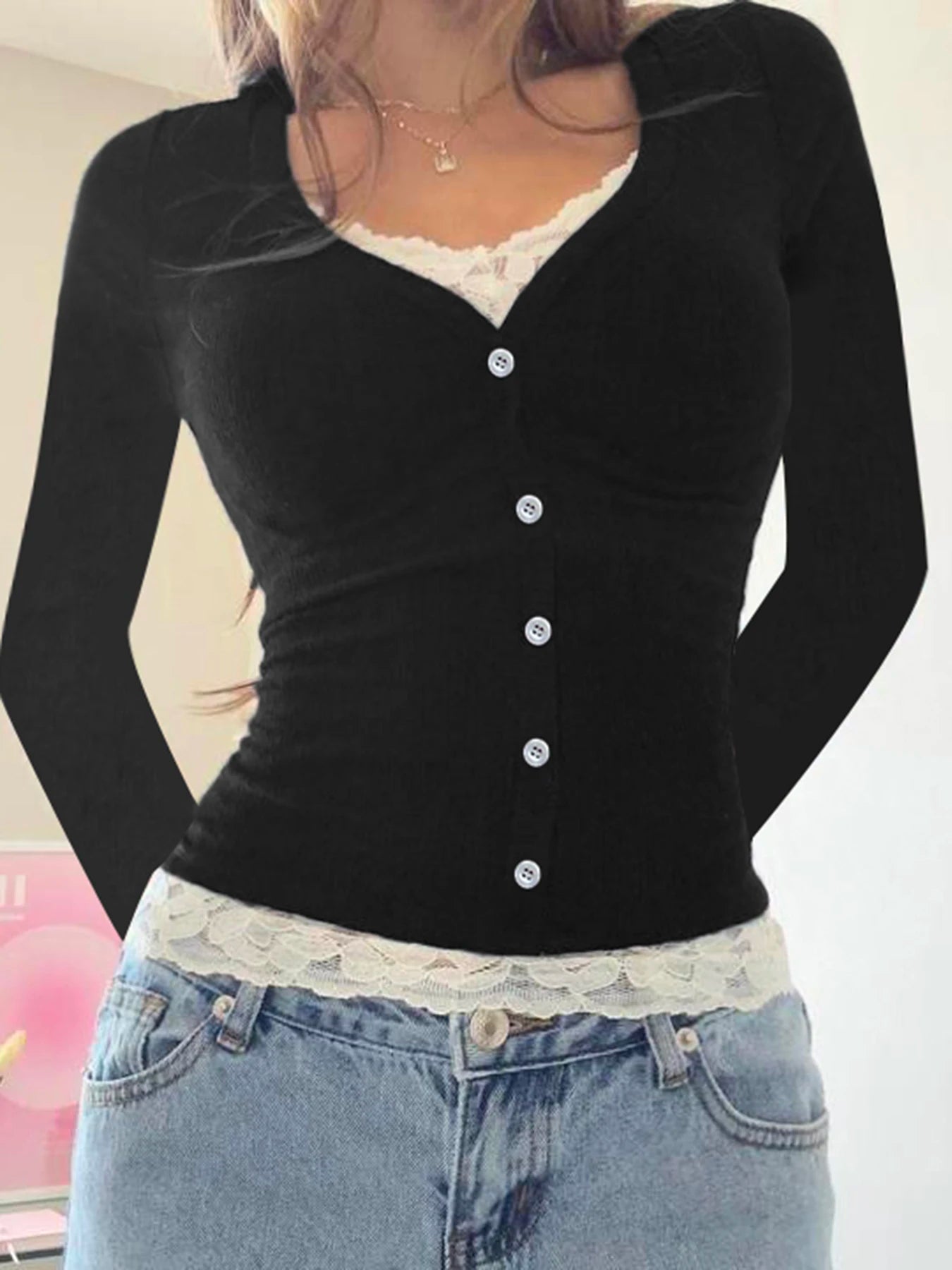 Contrast Lace Patchwork Y2k Slim Long Sleeve Black T-shirts Button Up V Neck Basic Spring Autumn Tee