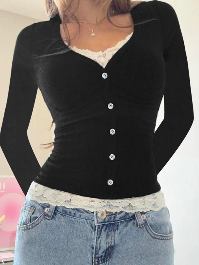 Contrast Lace Patchwork Y2k Slim Long Sleeve Black T-shirts Button Up V Neck Basic Spring Autumn Tee
