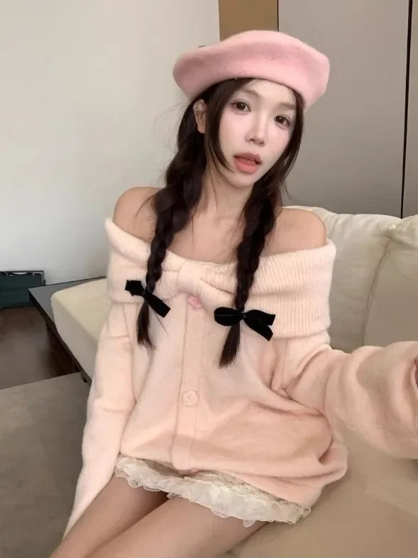 Off Shoulder Pink Sweet Gentle Wind Bow Soft Glutinous Sweater Autumn Loose Versatile Knitted Top
