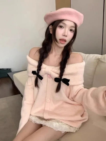 Off Shoulder Pink Sweet Gentle Wind Bow Soft Glutinous Sweater Autumn Loose Versatile Knitted Top