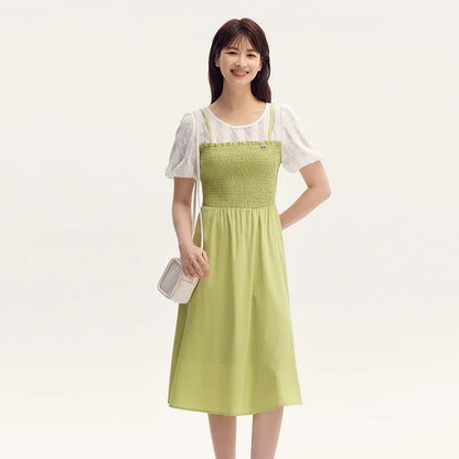 Dress Bubble Sleeves Lace Patchwork Faux Two-piece Slim Fit Summer New Fresh Style Round Neck Mid-length Skirt