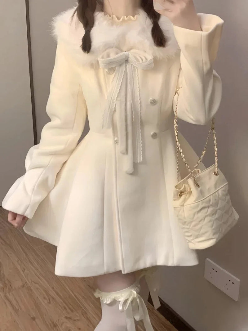 Sweet Hot Girl Fur Collar Slim Fit Woolen Coat Autumn Winter Preppy Style Doublebreasted Jacket Female Clothes
