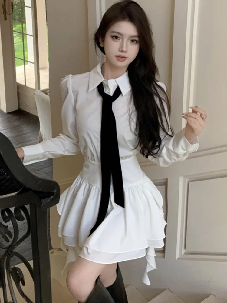 White Shirt Dresses Korean Preppy Style Long Sleeves Ruffle Party Mini Dress Slim Waist Vestidos Female Outfits