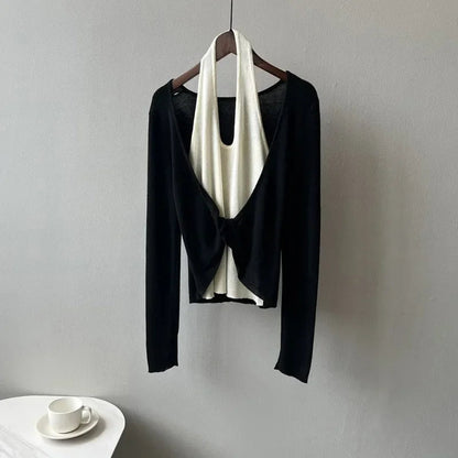 Korean Patchwork Halter Longsleeved Sweater Autumn New Fake Twopiece Knitted Tops