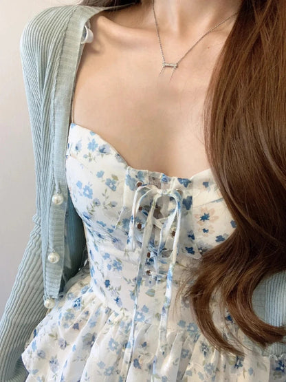 French 2 Piece Dress Suits Slim Dress + Korean Long Sleeve Thin Cardigan