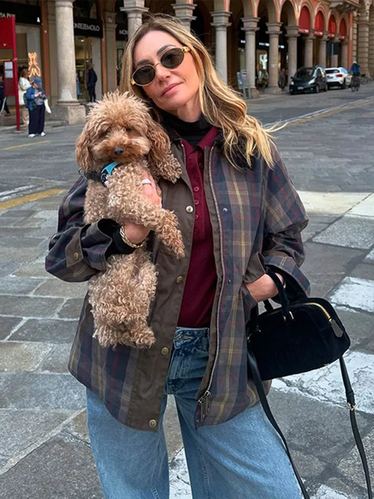 Plaid Printed Jacket Patchwork Turn Down Collar Single Breasted Female Coat Autumn Long Sleeve Zipper Outwear