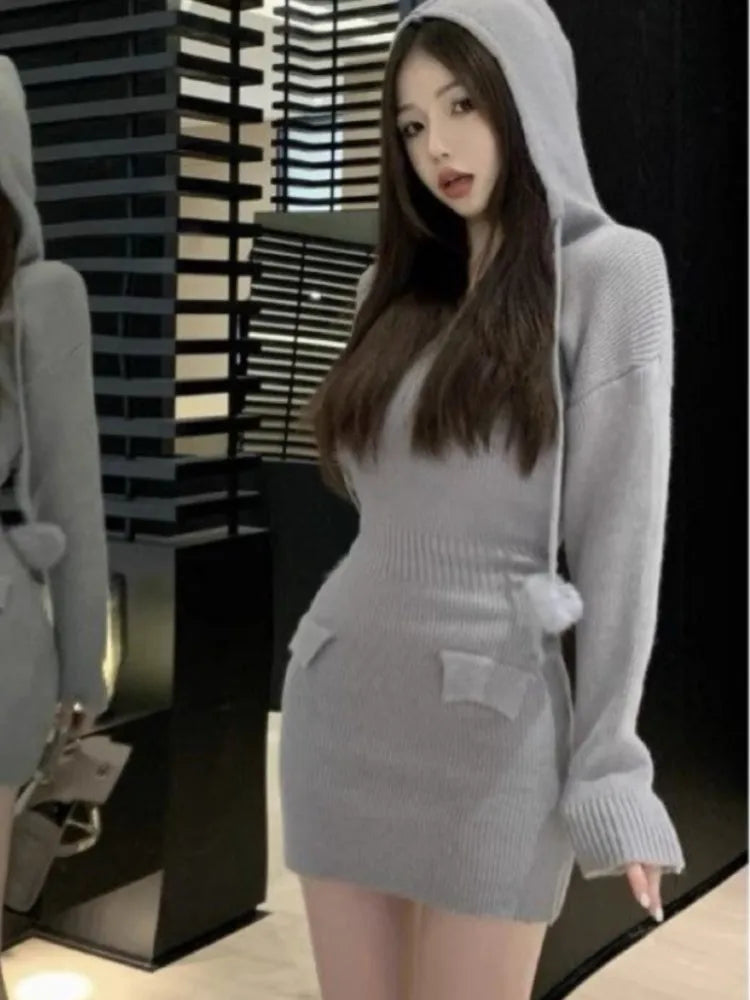 Autumn ’s Knitted Dresses for Hoodies V-neck Long Sleeve Bodycon Short Dress Korean Vestidos Mujer New