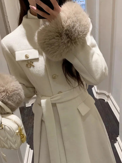 Sweet Hot Girl Large Fur Collar Woolen Coat Winter Slim Single Breasted Belt Longsleeved Coat Female Clothes