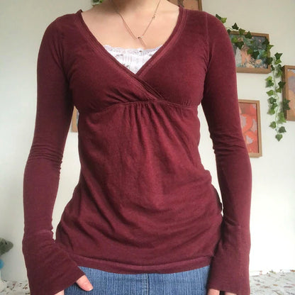Y2k Grunge Burgundy T-shirt 00s V Neck Long Sleeve Tees Retro Milkmaid Tops Autumn Techwear Clothes