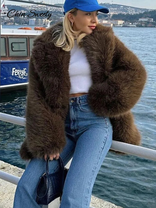 Brown Faux Fur Coats Full Sleeve Lapel Long Warm Jacket Winter Fluffy Thick High Street Outerwear New