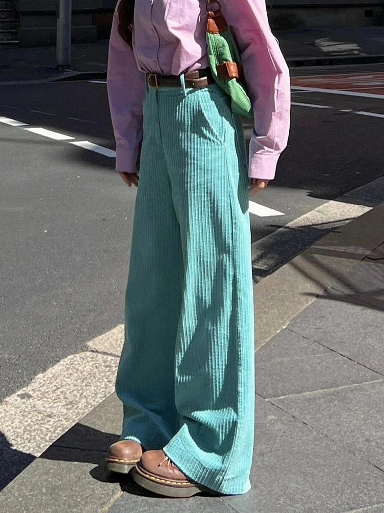 Striped Corduroy Wide Pants Plain High Rise Straight Loose Draped Long Trousers Korean Autumn Clothes