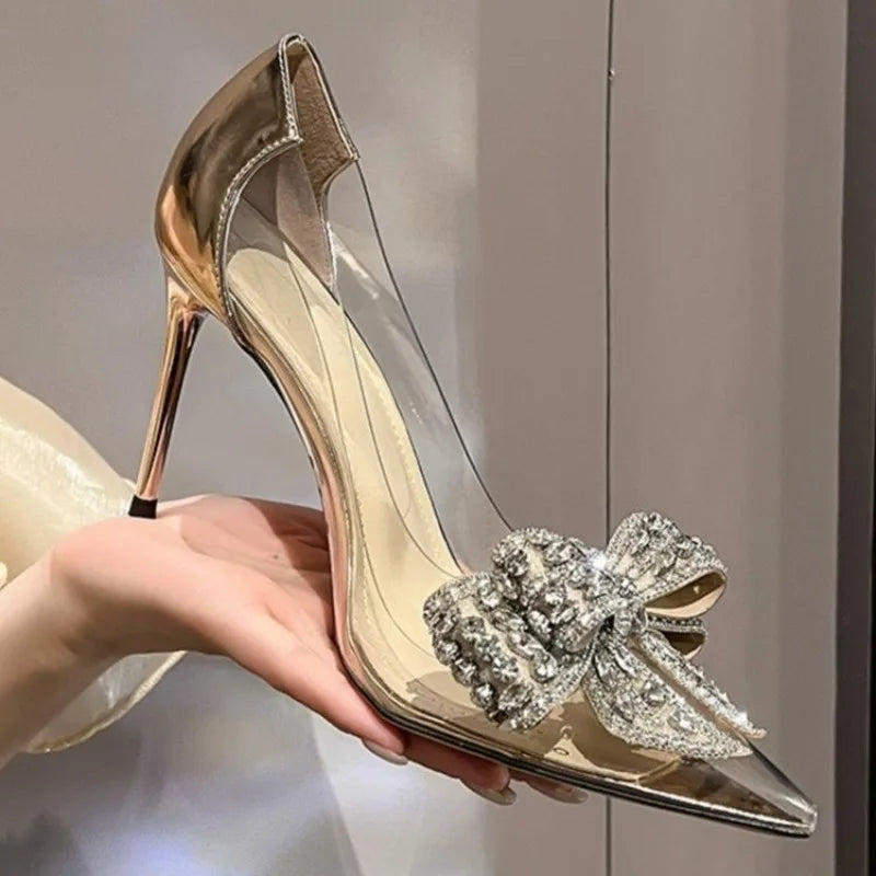 Pointed Crystal Fairy Wind Sandals Rhinestone Butterflyknot Transparent High Heel Pumps Dress Shoes