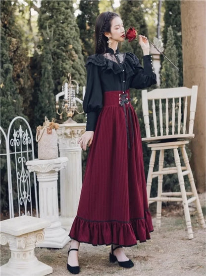 Gothic Two-piece Skirt Sets Black Lace Ruffle Blouse Lace-up Midi Skirt Autumn New Court Retro Suits Y2k Outfits