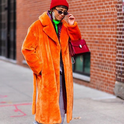 Mixed Color Patchwork Faux Mink Fur Winter Coat Jacket Fluffy Lapel Collar Brand Long Overcoats