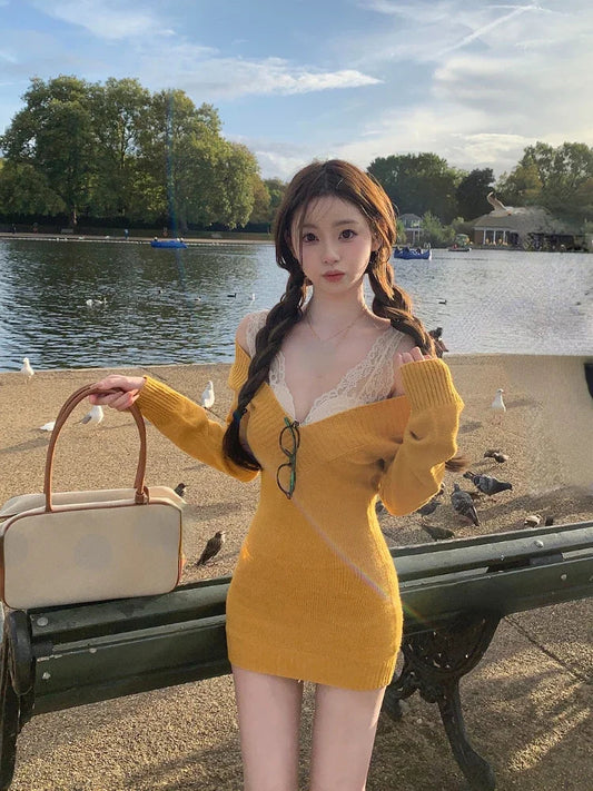 Autumn Winter Vneck Knitted Dress Set Longsleeved Lace Vest Party French Sweater Lady Dress