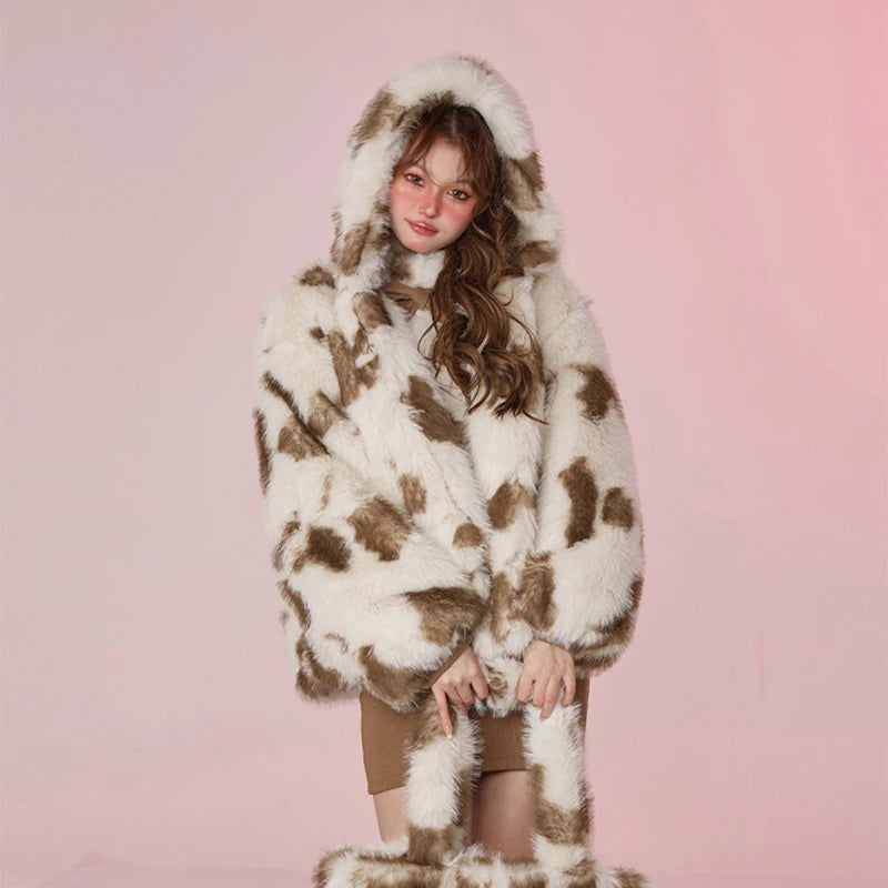 Sweet Harajuku Y2k Oversized Leopard Faux Fur Coat Winter Thicken Fox Fur Jacket Hooded Overcoat Outerwear