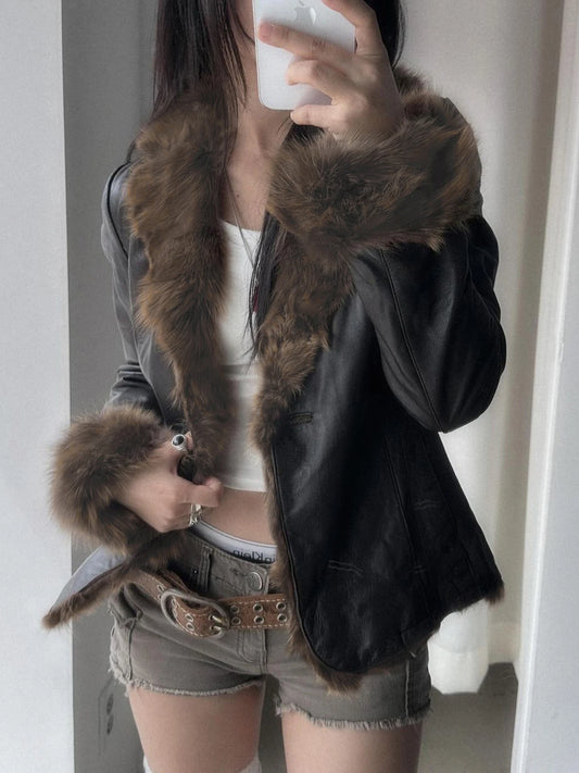 S Autumn New Clothes ��s Leather Coat Long Sleeve Spliced Faux Trim Button Slim Fit Coat