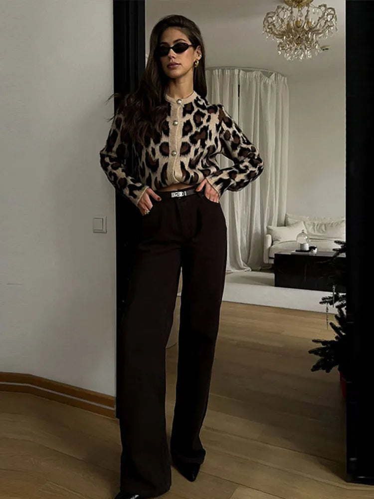 Knitted Leopard Cardigan Slim Single Breasted O-neck Sweaters Female Versatile Basic Street Knitwear