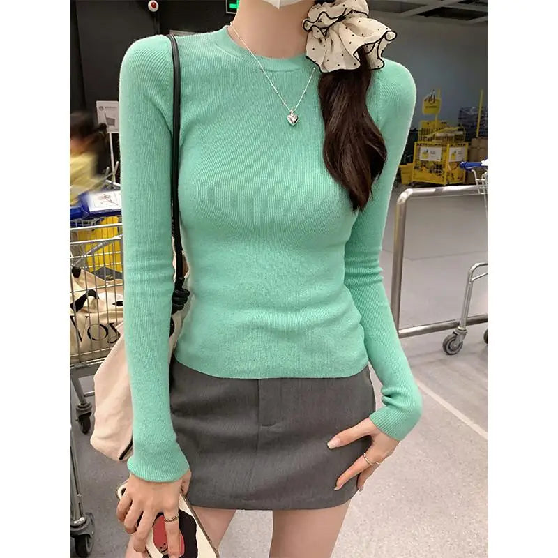 Autumn Winter New Slim Versatile Sweaters Korean Long Sleeve Knitted Round Neck Pullover Tops Clothes
