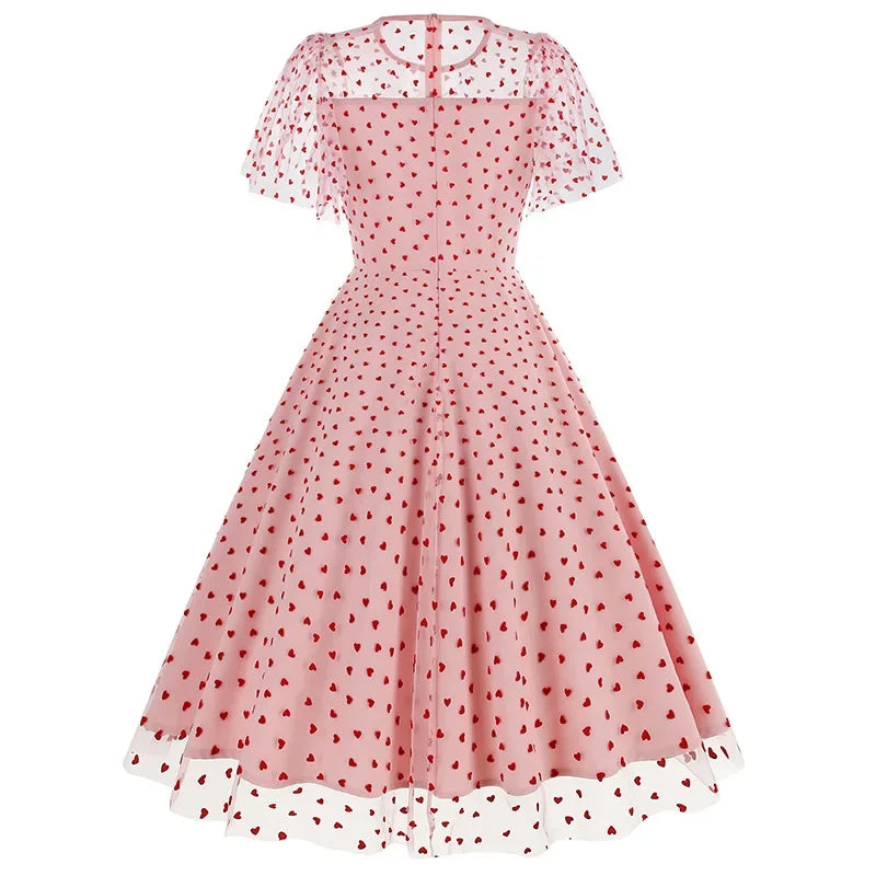 New Retro Pink Strawberry Mesh Birthday Long Dress 50s Flare Sleeve Summer Prom Evening Party Dresses