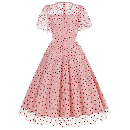 New Retro Pink Strawberry Mesh Birthday Long Dress 50s Flare Sleeve Summer Prom Evening Party Dresses