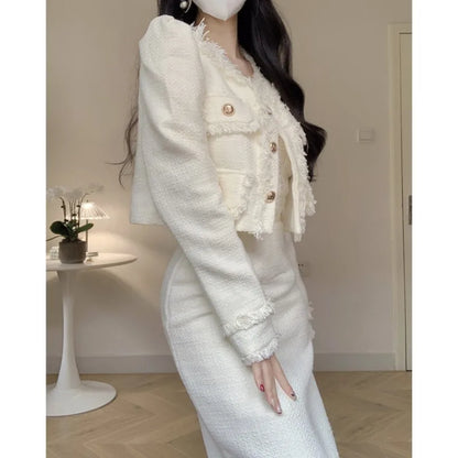 Korean Two-piece Skirt Sets Crop Jacket Coat Bodycon Midi Skirt Autumn Winter New Female Outfits