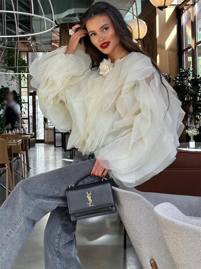 Patchwork Ruffled White Shirts for High Waist Long Sleeve Blouse Top