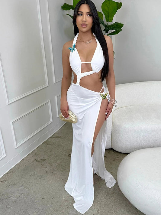 Metal Butterfly Split Maxi Dress