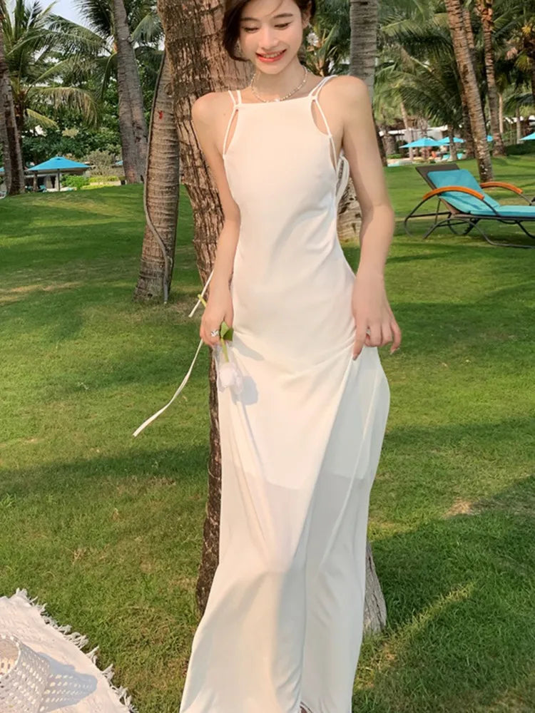 French Style White Dresses Slash Neck Sleeveless Evening Party Long Dress Summer Holiday Robe Female Clothing New