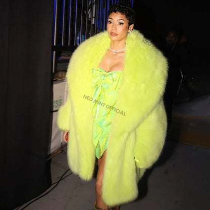 Brand Runway Long Hooded Faux Fur Coat Jacket Ins Nicki Minaj Neon Green Chunky Overcoat Outerwear