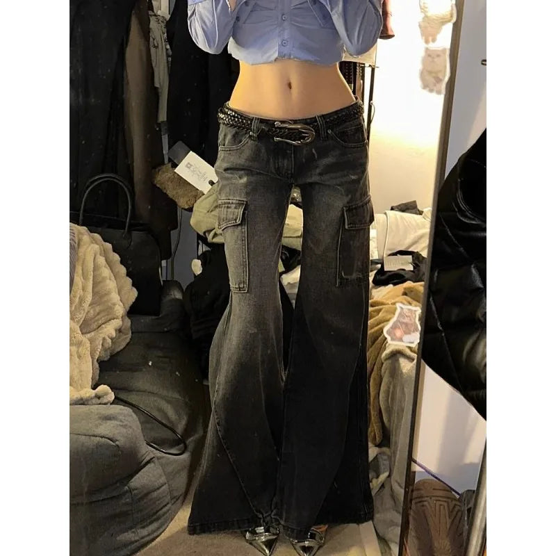Y2k Flare Cargo Jeans Woman American Retro Low Waist Black Denim Pants Grunge Gothic New Trousers