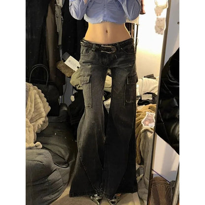 Y2k Flare Cargo Jeans Woman American Retro Low Waist Black Denim Pants Grunge Gothic New Trousers