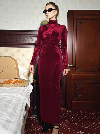 Pleated Skinny Dress Female High Waist Twist Long Sleeve Party Dress Gown ’s Maxi Dress Autumn