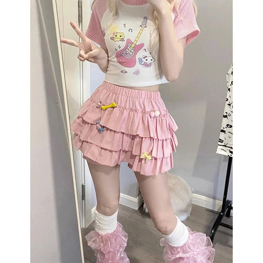 Y2k Sweet Ruffles Mini Skirt Kawaii Lolita Bow a Line Skirts Harajuku Japanese High Waist Pink White Ball Gown Skirt