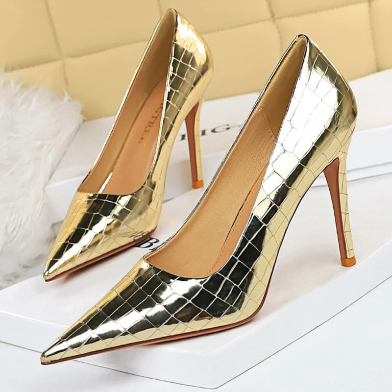 Shoes Metal Stone Pattern Woman Pumps High Heels Wedding Shoes Stiletto Luxurious Banquet Shoes