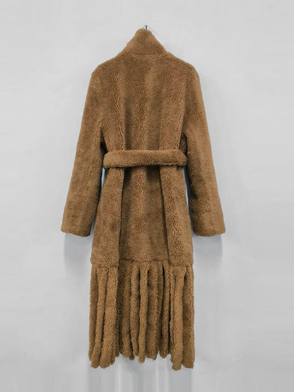 Faux Fur Warm Coat Lapel Loose Long Sleeve Hem Tassel Plush Overcoat Winter New Tide