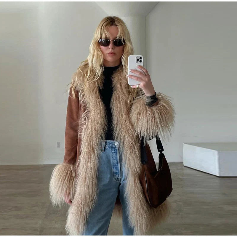 Furry Faux Fur Patchwork Coats Winter Long Sleeve Lapel Female Loose Jacket Pockets Thick Warm Lady Outwear