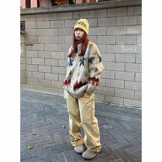 American Retro Christmas Star Knitted Cardigan for and Round Neck Couple Sweater Soft Plush Coat Sweaters Top