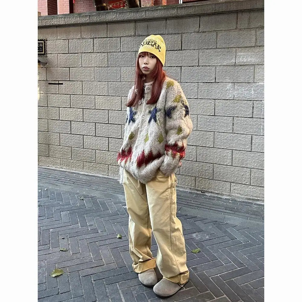 American Retro Christmas Star Knitted Cardigan for and Round Neck Couple Sweater Soft Plush Coat Sweaters Top