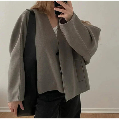 Single Breasted Short Coats Long Sleeves V Neck Crop Jackets Autumn Lady Commuter Outerwear