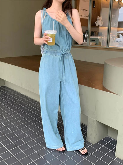 Stylish Rompers Loose High Street Summer Mujer Office Lady Halter Slim New Jeans Jumpsuits