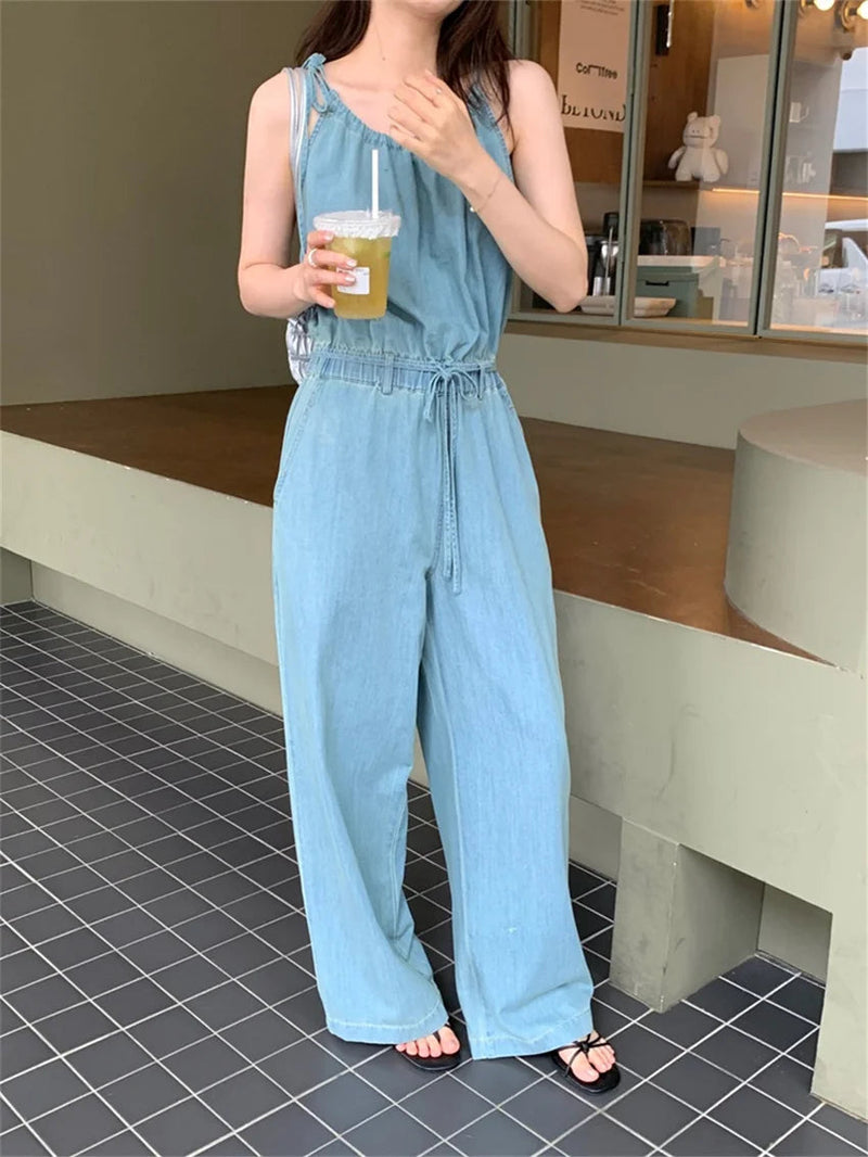 Stylish Rompers Loose High Street Summer Mujer Office Lady Halter Slim New Jeans Jumpsuits