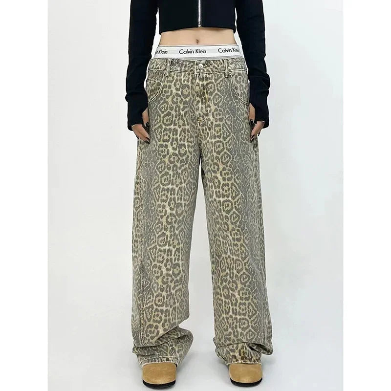 American Retro High Street Overalls Leopard Print Loose Wide Leg Pants for Y2k Hiphop Cargo Grunge Baggy Trousers
